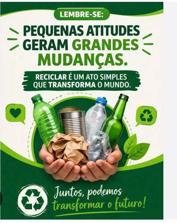 Mãos seguram embalagens recicláveis. A mensagem da campanha incentiva pequenas atitudes e a reciclagem para transformar o futuro.